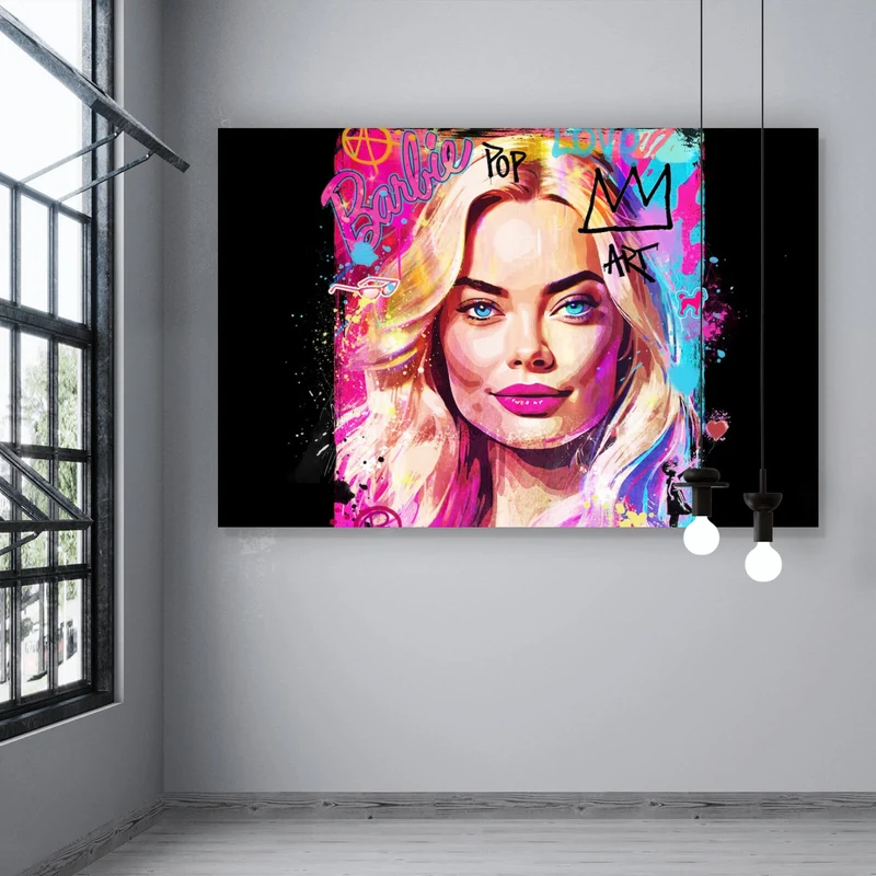 Acrylglasbild Porträt einer blonden Frau mit urbanen Graffiti Elementen Querformat