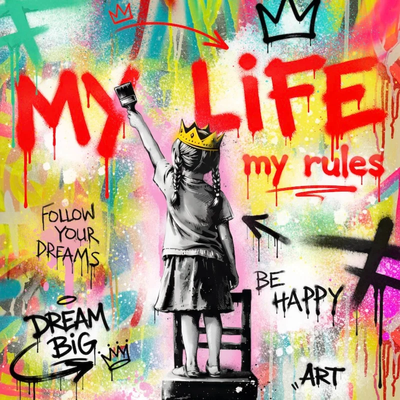 Aluminiumbild gebürstet My Life my rules Pop Art Quadrat