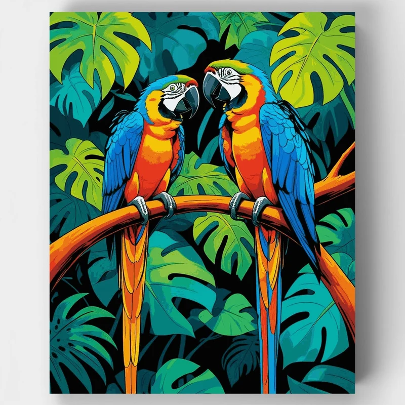 Two Macaws on Branch Surrounded by Monstera Leaves - Paint by Numbers Kit