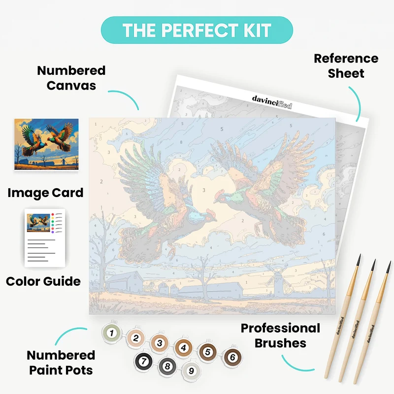Flying Pheasants Over Farm Landscape - Paint by Numbers Kit