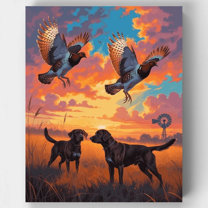 Pheasant Hunting Dogs at Sunset - Paint by Numbers Kit