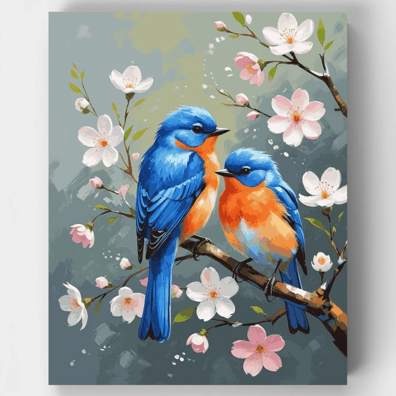 Blue Birds on Cherry Blossom Branch - Paint by Numbers Kit