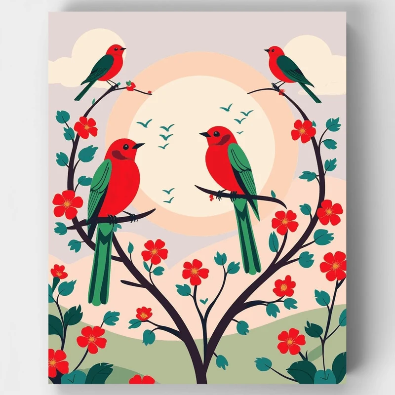 Red and Green Birds with Blossoms - Paint by Numbers Kit