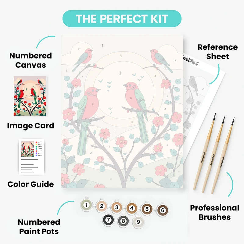 Red and Green Birds with Blossoms - Paint by Numbers Kit