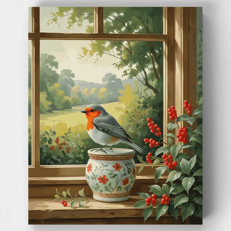 Robin on a Windowsill - Paint by Numbers Kit
