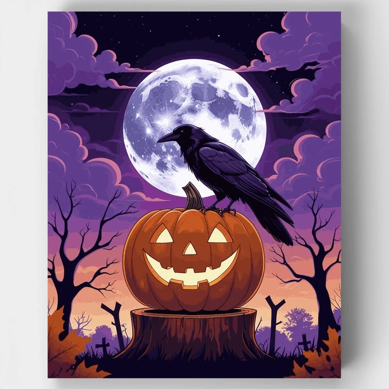 Halloween Crow on Jack-o'-Lantern - Paint by Numbers Kit