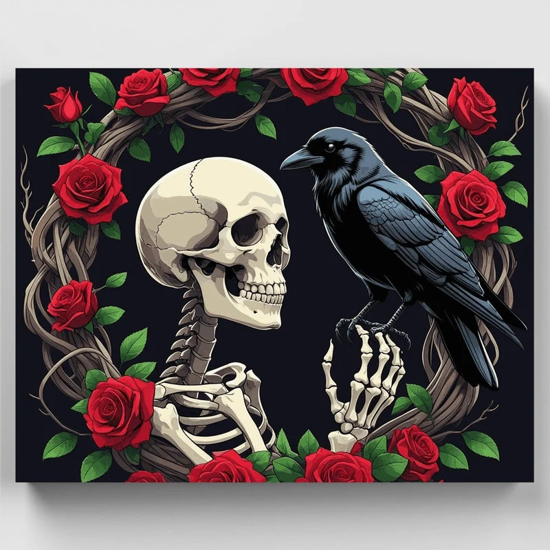 Skull and Raven with Red Roses - Paint by Numbers Kit