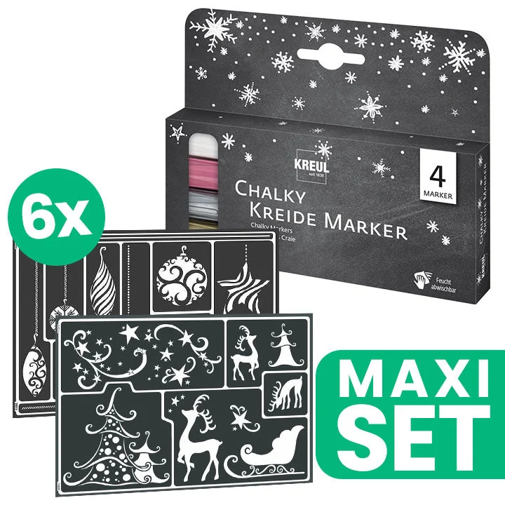 Christmas Stencil Collection, Set of 6 + Set of Chalk Paint Markers for Glass
