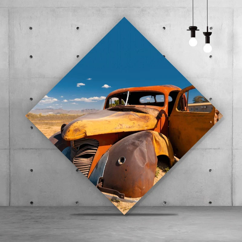 Poster Verlassener Oldtimer in Wüstenlandschaft Raute
