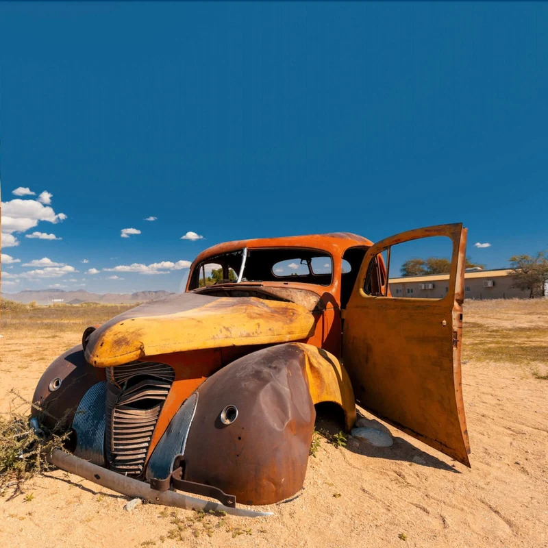Aluminiumbild Verlassener Oldtimer in Wüstenlandschaft Quadrat