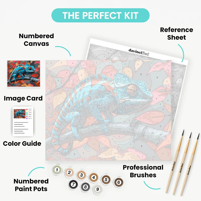 Vibrant Blue Chameleon in Autumn Foliage - Paint by Numbers Kit