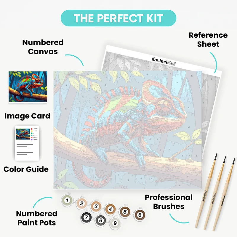 Colorful Chameleon in Blue Forest - Paint by Numbers Kit