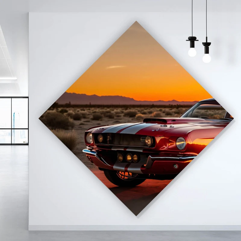 Aluminiumbild Klassisches Auto in atemberaubender Wüstenlandschaft Raute