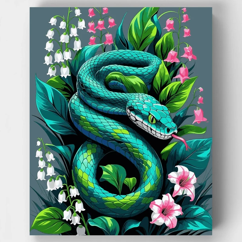 Turquoise Snake in Blooming Garden - Paint by Numbers Kit