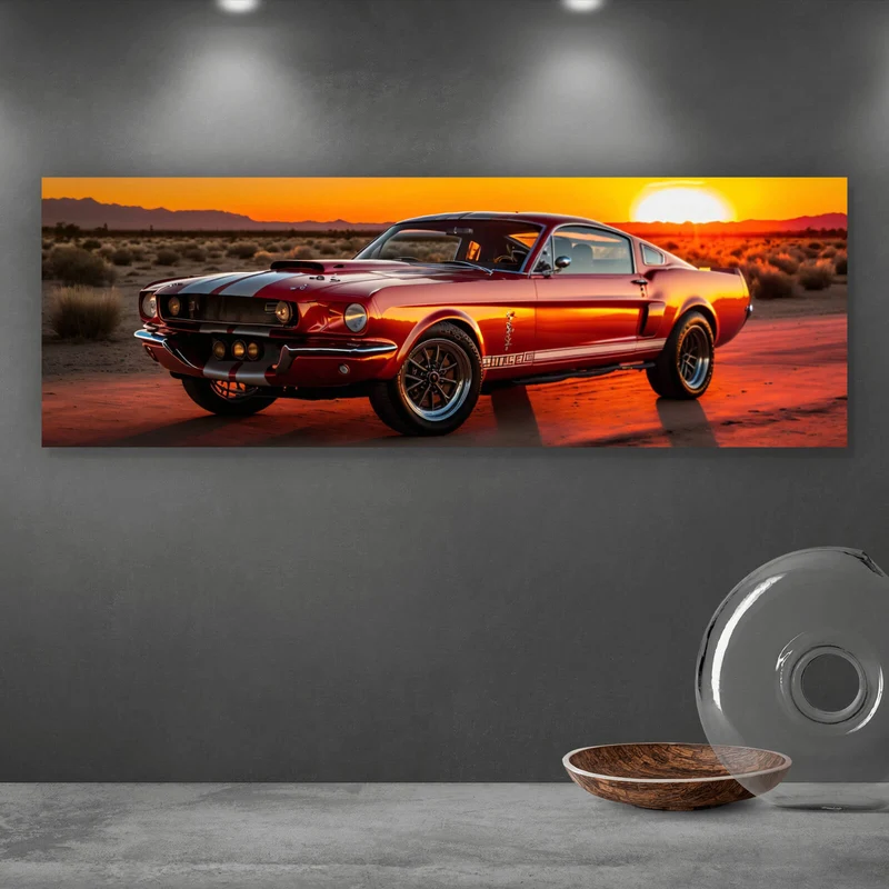 Aluminiumbild gebürstet Klassisches Auto in atemberaubender Wüstenlandschaft Panorama
