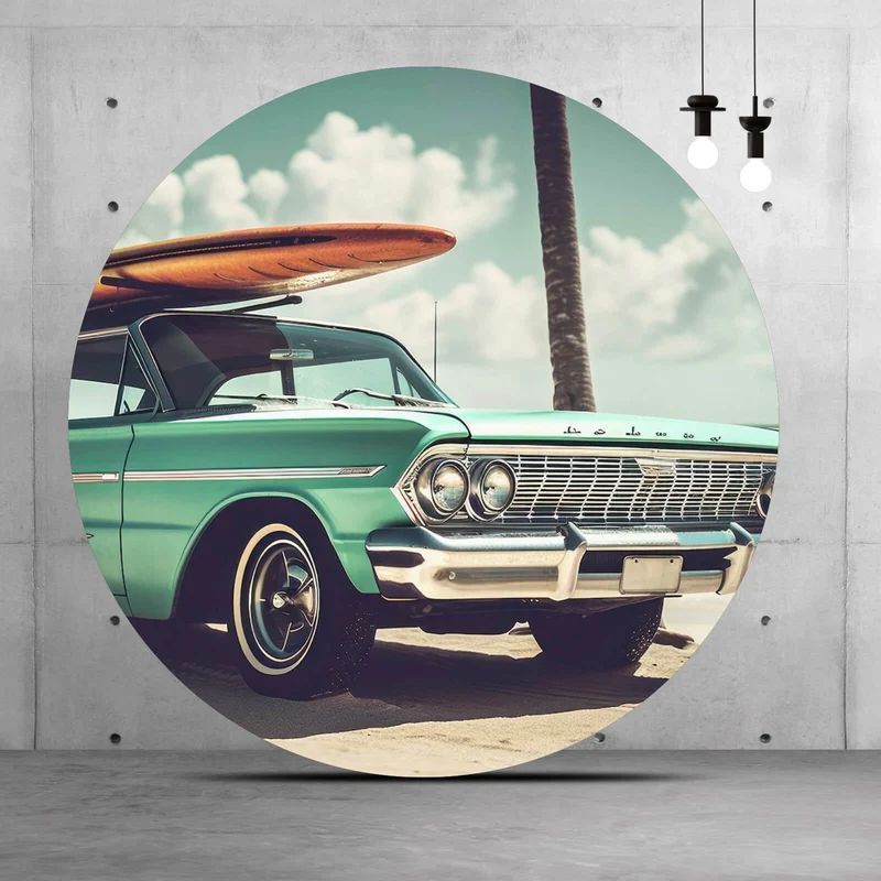 Aluminiumbild gebürstet Vintage Auto mit Surfbrett am Strand Kreis