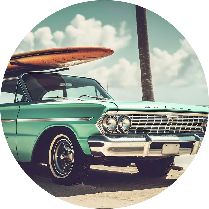 Aluminiumbild Vintage Auto mit Surfbrett am Strand Kreis