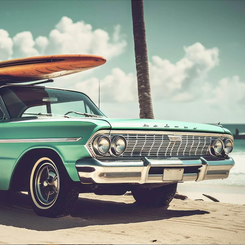 Acrylglasbild Vintage Auto mit Surfbrett am Strand Quadrat