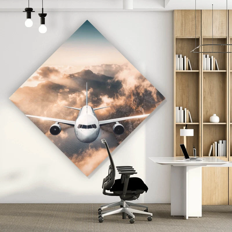 Acrylglasbild Flugzeug über beeindruckender Berglandschaft Raute