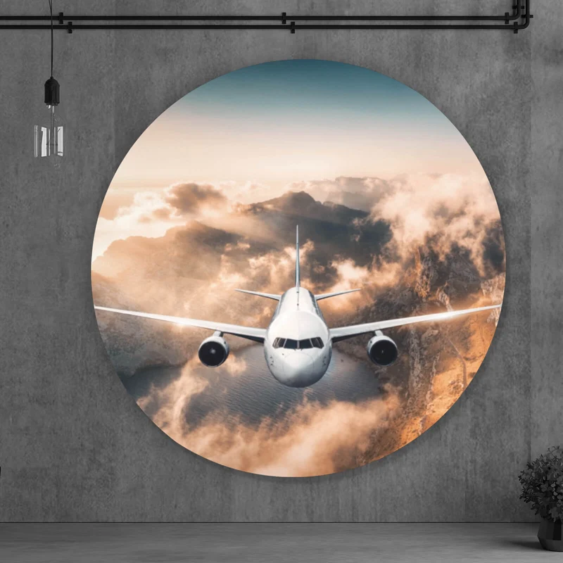Aluminiumbild Flugzeug über beeindruckender Berglandschaft Kreis