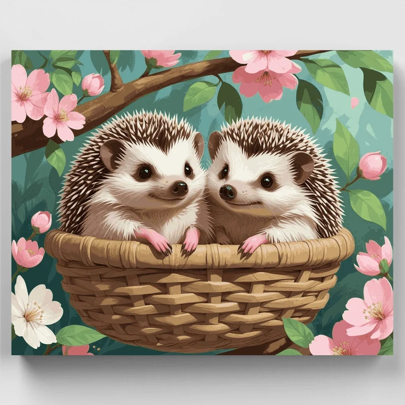 Two Hedgehogs in a Basket - Paint by Numbers Kit