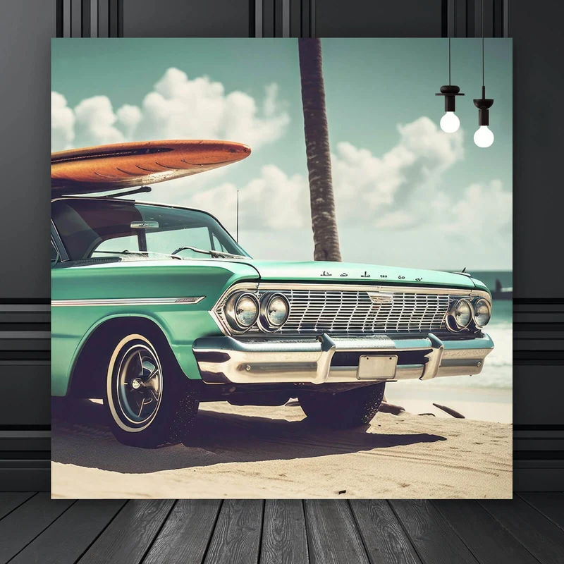 Poster Vintage Auto mit Surfbrett am Strand Quadrat