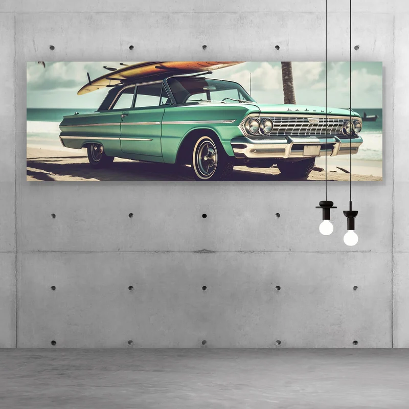 Poster Vintage Auto mit Surfbrett am Strand Panorama