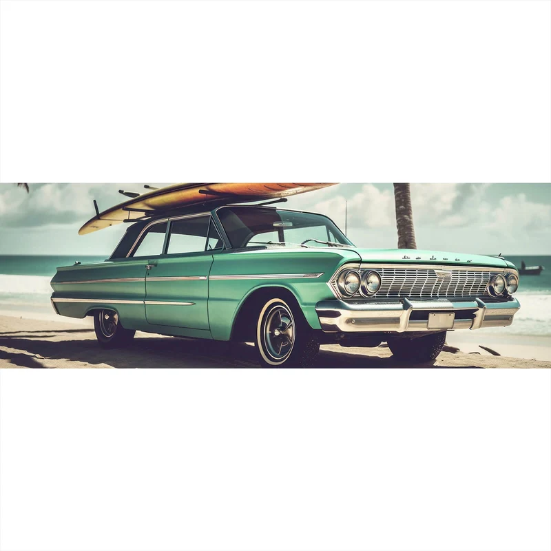 Poster Vintage Auto mit Surfbrett am Strand Panorama