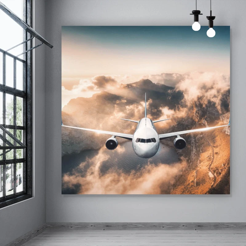 Acrylglasbild Flugzeug über beeindruckender Berglandschaft Quadrat
