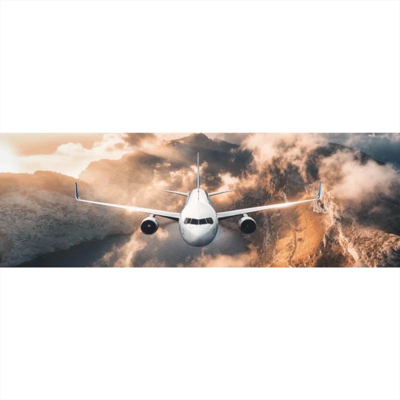 Aluminiumbild gebürstet Flugzeug über beeindruckender Berglandschaft Panorama