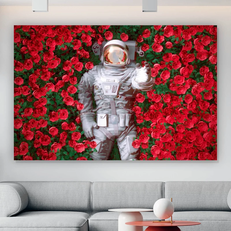 Poster Astronaut zwischen Rosen Querformat