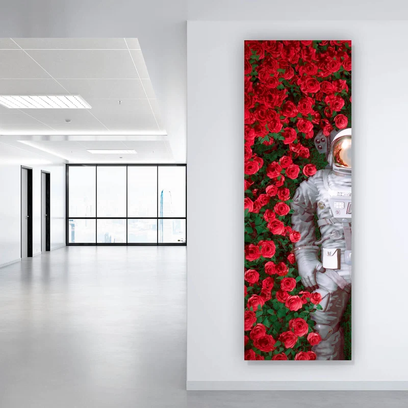 Acrylglasbild Astronaut zwischen Rosen Panorama Hoch