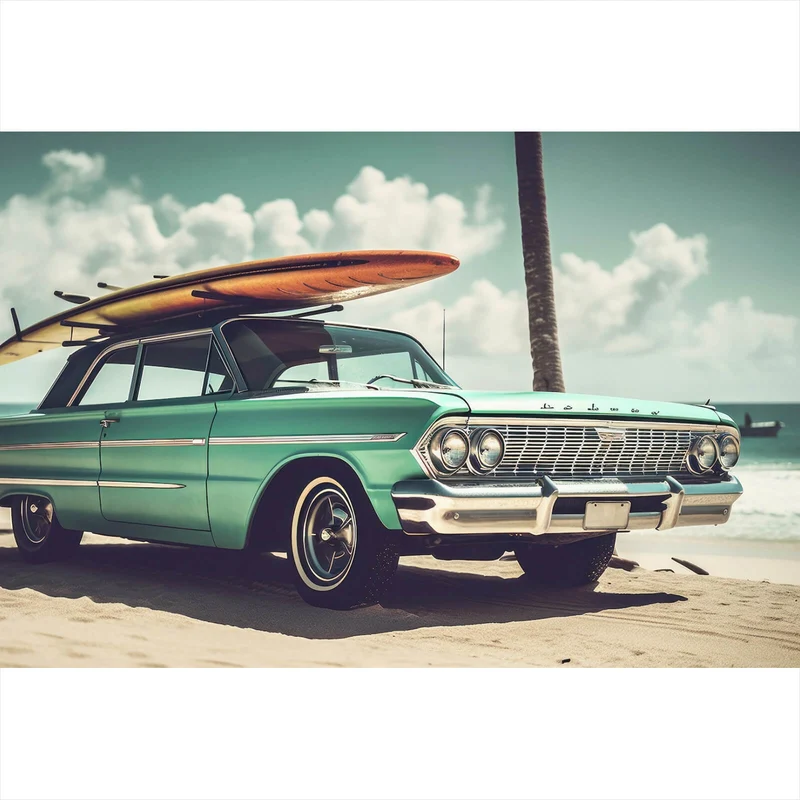 Acrylglasbild Vintage Auto mit Surfbrett am Strand Querformat