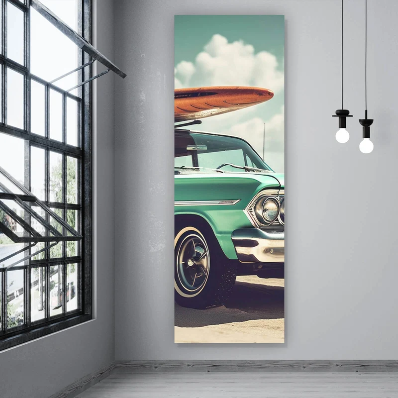 Acrylglasbild Vintage Auto mit Surfbrett am Strand Panorama Hoch