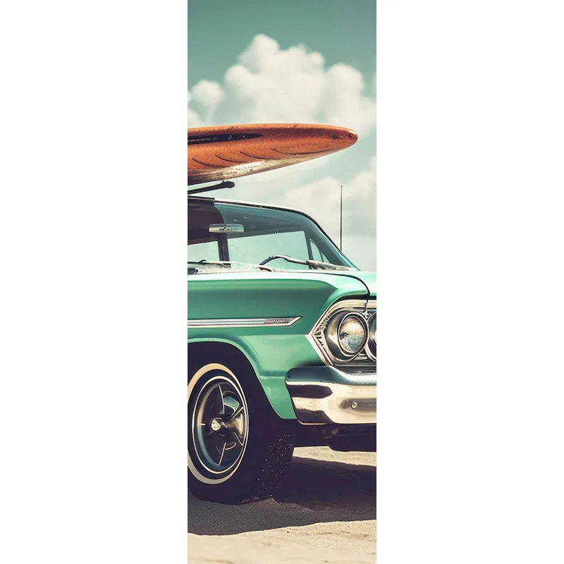 Acrylglasbild Vintage Auto mit Surfbrett am Strand Panorama Hoch