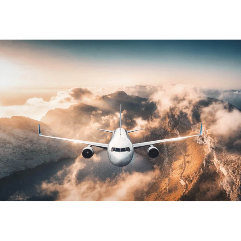 Aluminiumbild gebürstet Flugzeug über beeindruckender Berglandschaft Querformat