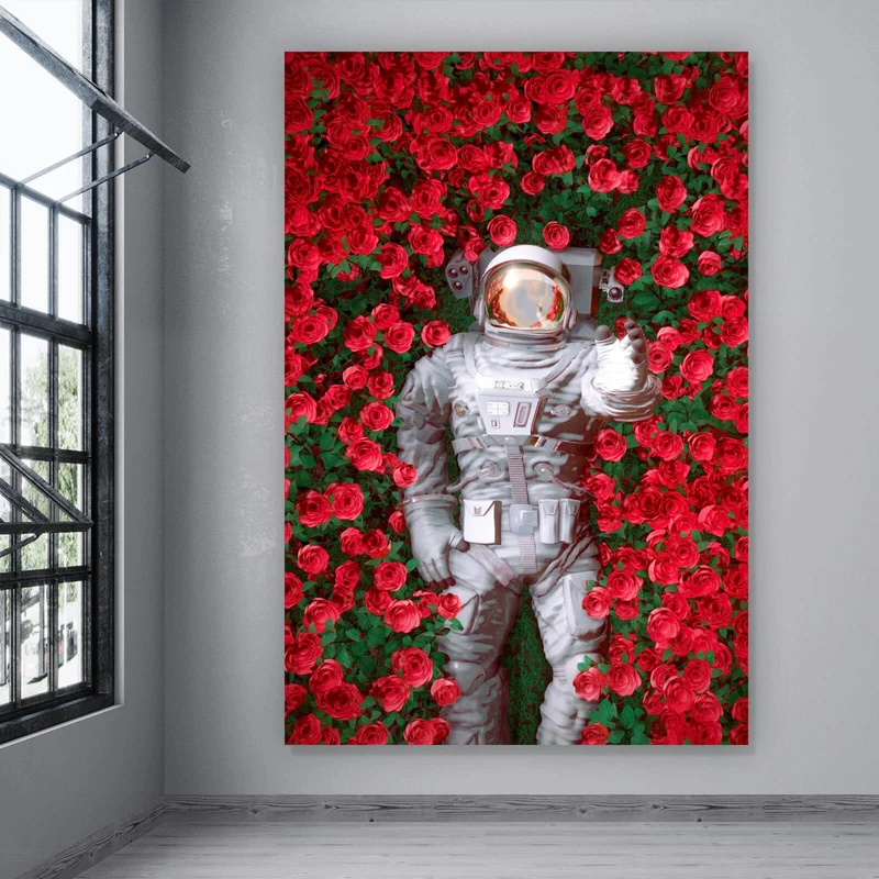 Leinwandbild Astronaut zwischen Rosen Hochformat