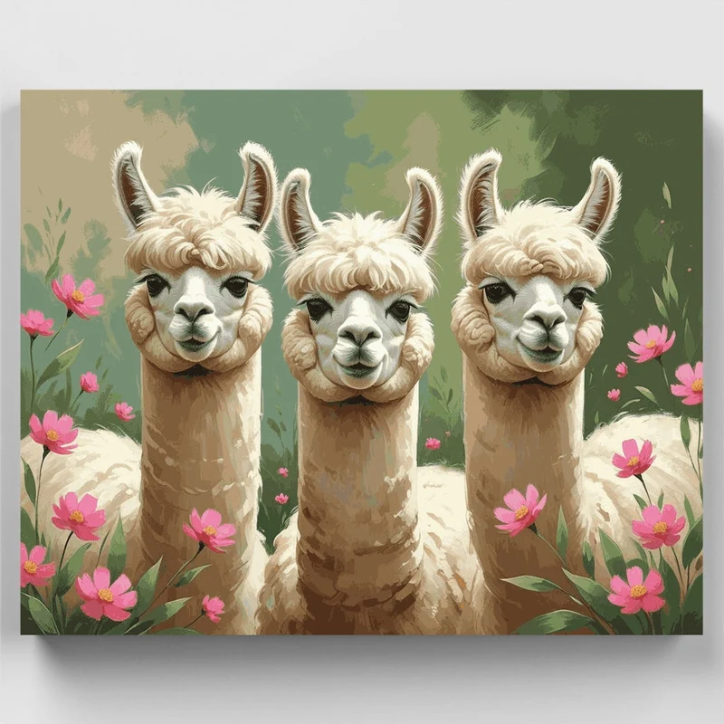 Three Adorable Alpacas in Blooming Garden - Paint by Numbers Kit