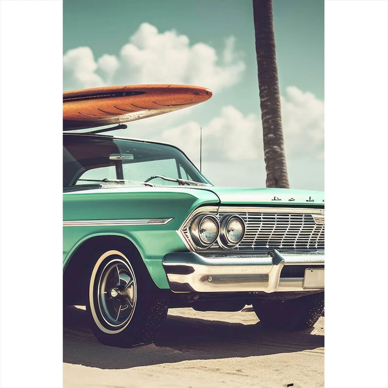 Spannrahmenbild Vintage Auto mit Surfbrett am Strand Hochformat