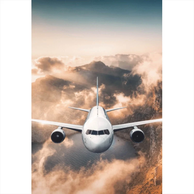 Aluminiumbild gebürstet Flugzeug über beeindruckender Berglandschaft Hochformat