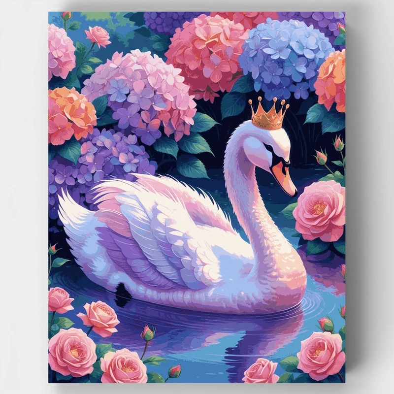 Royal Swan with Crown in Flower Garden - Paint by Numbers Kit