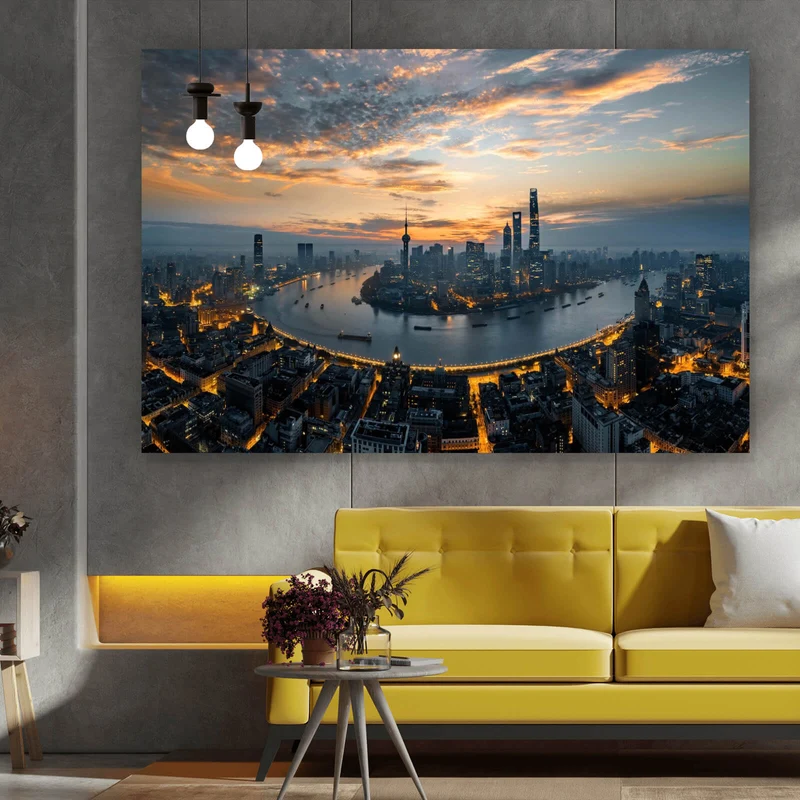 Aluminiumbild Kanal durch Stadtlandschaft bei Nacht Querformat