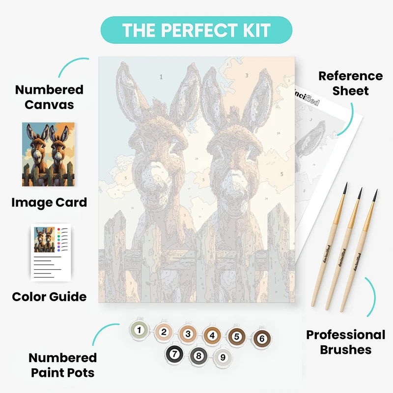 Two Donkeys Behind Fence - Paint by Numbers Kit