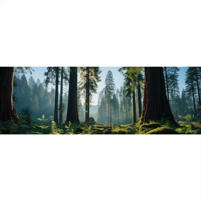 Aluminiumbild gebürstet Beeindruckender Wald mit Bäumen in der Sonne Panorama