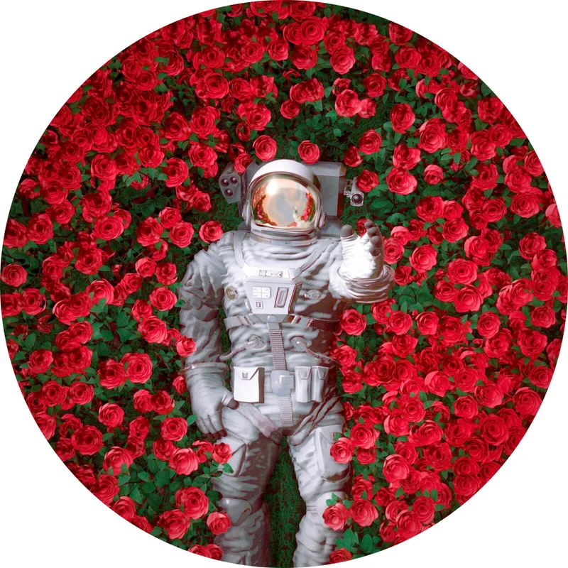 Aluminiumbild gebürstet Astronaut zwischen Rosen Kreis