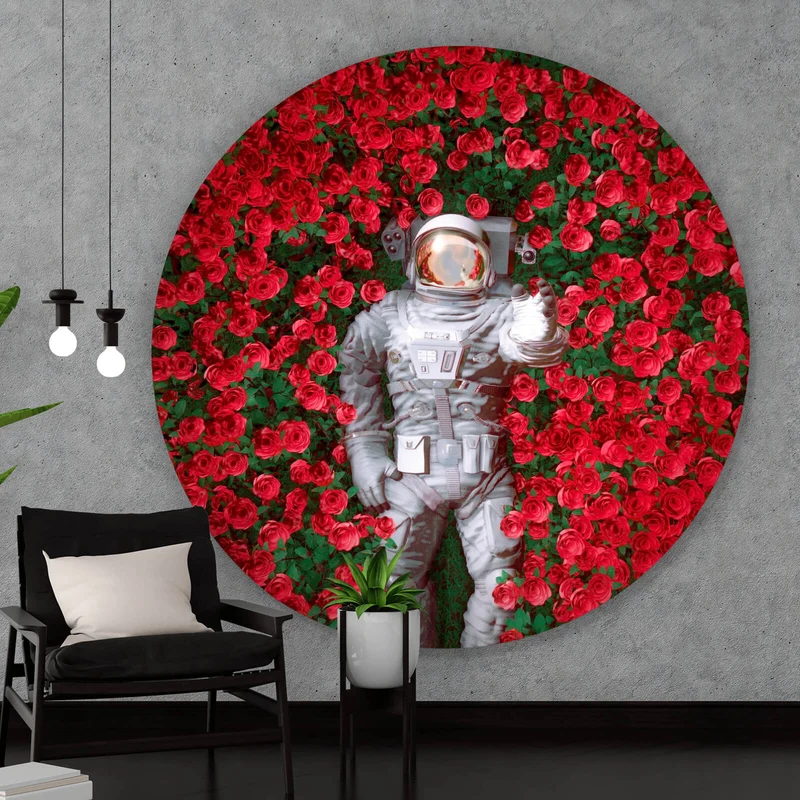 Aluminiumbild Astronaut zwischen Rosen Kreis