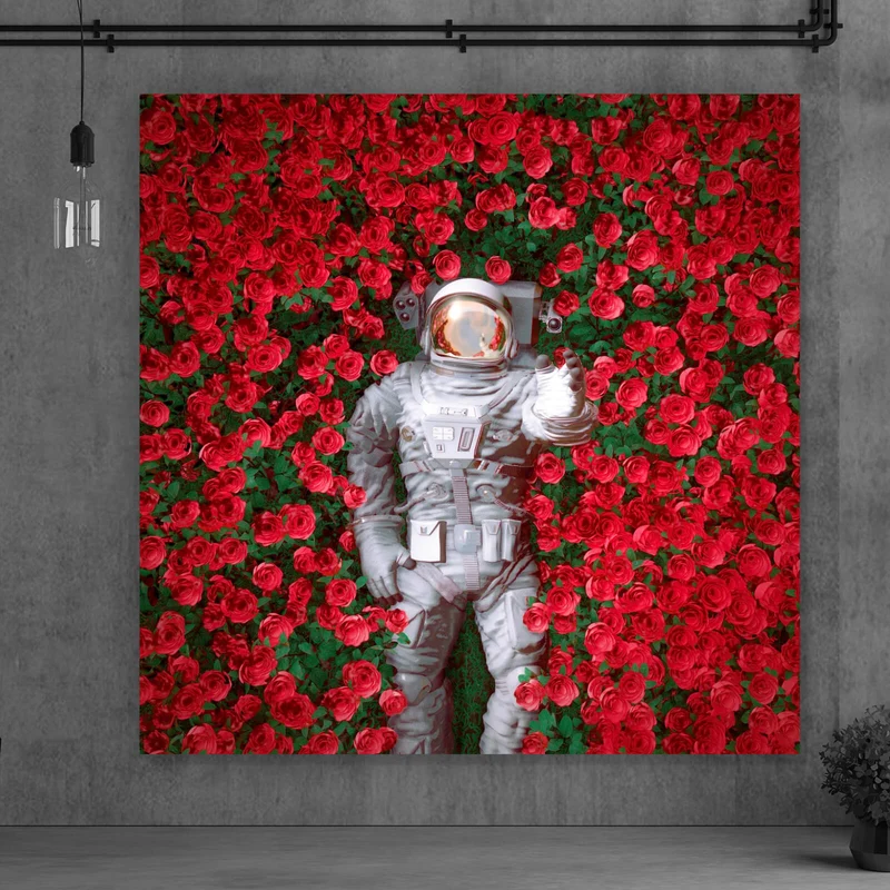 Leinwandbild Astronaut zwischen Rosen Quadrat