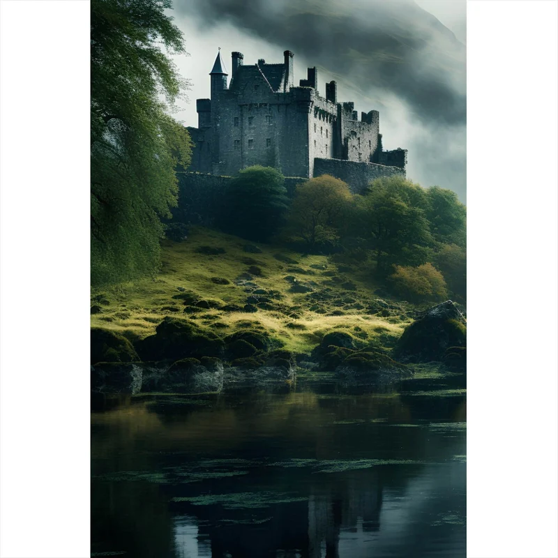 Spannrahmenbild Mystische Burg im Nebel Hochformat