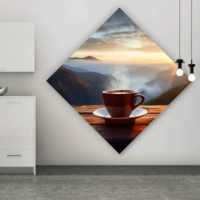 Spannrahmenbild Entspannte Berglandschaft mit Kaffee am Morgen Raute