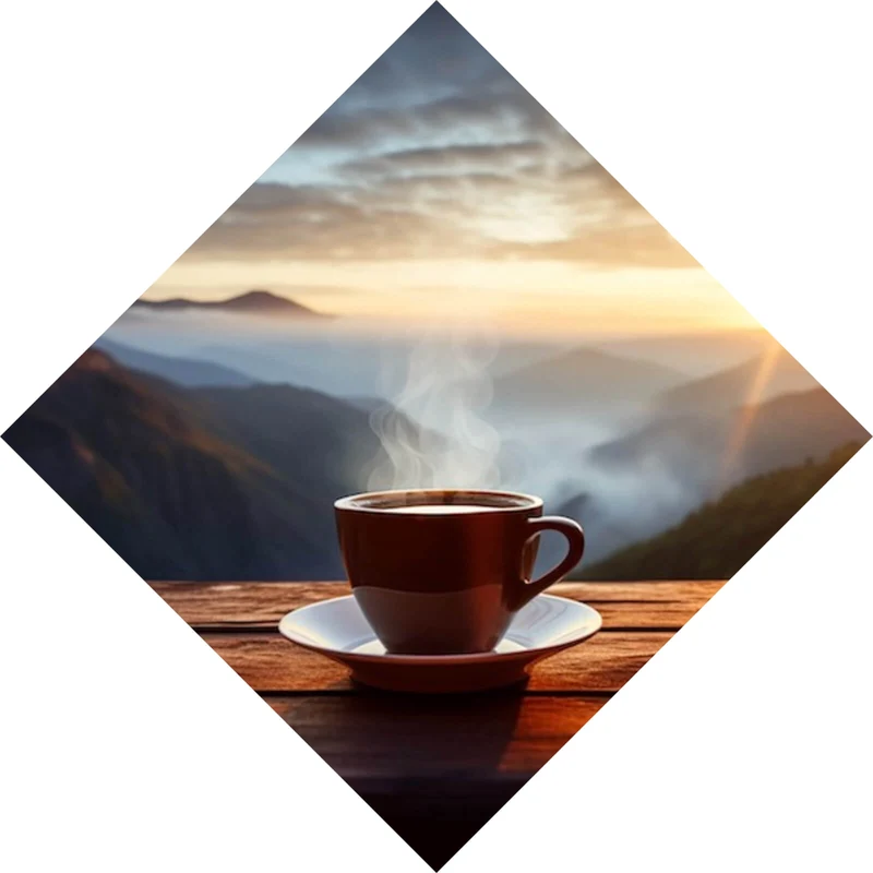 Spannrahmenbild Entspannte Berglandschaft mit Kaffee am Morgen Raute